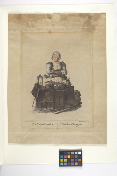 Schneckenweib Or Vendeuse Des Escargots (sprzedawca ślimaków) (ręcznie barwiona akwaforta) autorstwa Johann Christian (after) Brand