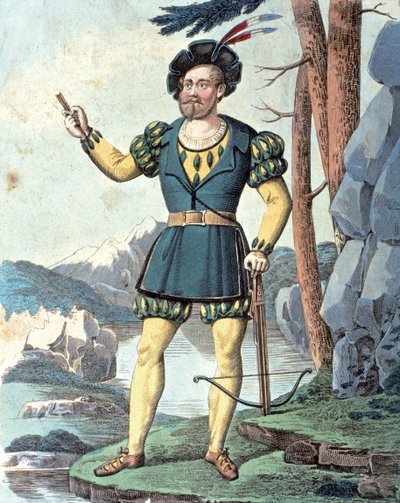 Franz von Schober jako Wilhelm Tell . 1837 (kolorowa rycina) autorstwa Johann Christian (after) Schoeller