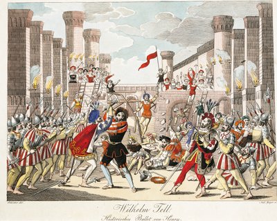 Balet historyczny Henryka, scena z „William Tell” Gioachino Rossiniego, sztychowana przez Geigera (kolorowa rycina) autorstwa Johann Christian (after) Schoeller