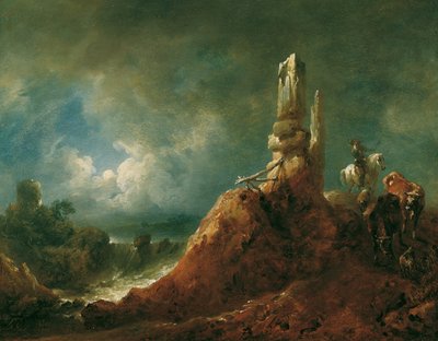 Krajobraz z ruinami i jeźdźcami przy świetle księżyca autorstwa Johann Christian Brand