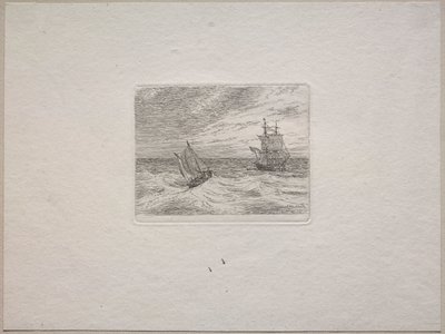 Wzburzone morze z dwumasztowcem i żaglówką autorstwa Johan Christian Dahl