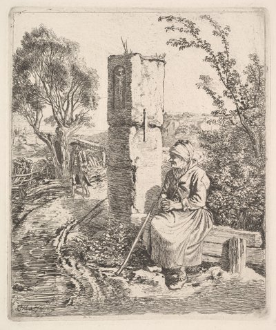 Staruszka siedząca przy filarze na poboczu drogi, 1819. autorstwa Johann Christian Erhard