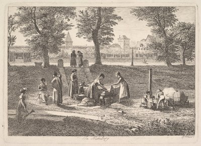 Scena plenerowa kobiet w czynnościach domowych w Norymberdze, XIX w. autorstwa Johann Christian Erhard
