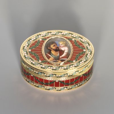 Tabakierka, Drezno, ok. 1775-80, miniatura Genewa, ok. 1800 (saksoński twardy kamień, złoto i emalia) autorstwa Johann Christian Neuber