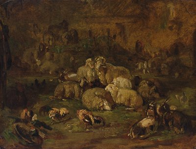 Owce, Kozy i Kurczaki (olej na papierze ułożony na płótnie) autorstwa Johann Christian Reinhardt