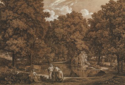 Arkadyjski krajobraz z trzema postaciami nad jeziorem, 1792. autorstwa Johann Christian Reinhart