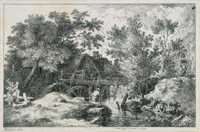 Pejzaż z młynem wodnym (pierwsza próba miedziorytu) autorstwa Johann Christian Reinhart
