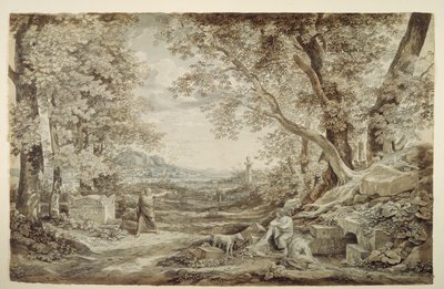 Krajobraz z antycznymi pomnikami („Wynalezienie kapitelu korynckiego“) autorstwa Johann Christian Reinhart