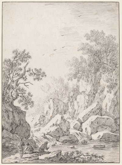 Wodospad przy skalnych klifach, lata 50. XVIII wieku. autorstwa Johann Christoph Dietzsch