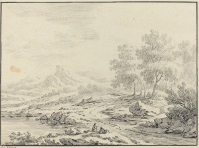 Dwóch mężczyzn odpoczywających w pobliżu jeziora. autorstwa Johann Christoph Dietzsch