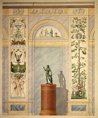 Rysunek dekoracji tylnej ściany Sali Jadalnej Pałacu w Kassel (pióro i akwarela na papierze) autorstwa Johann Conrad Bromeis
