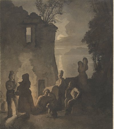 Odpoczynek Savoyards przy ognisku nad brzegiem jeziora w nocy autorstwa Johann Conrad Seekatz