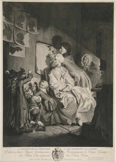 Pochodzenie malarstwa, czyli modne portrety; pub. 1767 autorstwa Johann Eleazar Schenau