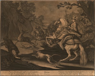 Ca. 1770 alegoryczny mezzotinta Europy autorstwa Johann Elias Ridinger
