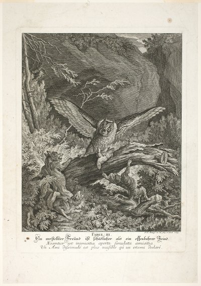 Fable III, płyta trzecia z Instructive Fables of the Realm of Theire autorstwa Johann Elias Ridinger