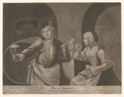 Mężczyzna i kobieta piją piwo i brandy Piwo i Brandewein / Cerevisia et vinum sublimatum autorstwa Johann Elias Ridinger