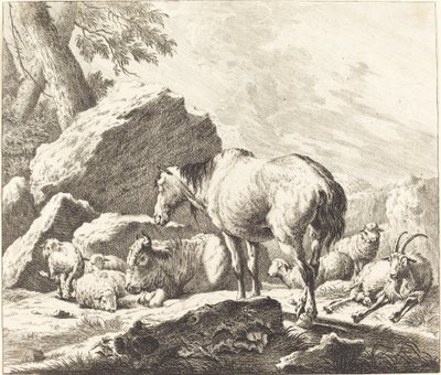 Koń, bawół, owca i koza we włoskim krajobrazie autorstwa Johann Elias Ridinger after Johann Heinrich Roos