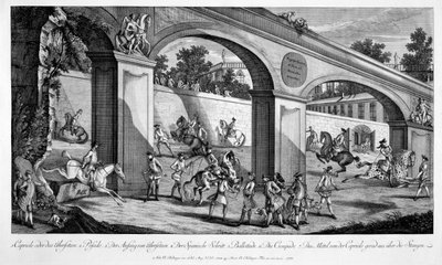 Trening koni do służby kawalerii, z „Le Nouveau Manege”, 1776 r. autorstwa Johann Elias Ridinger or Riedinger