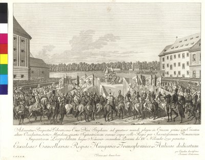 Koronacja cesarza Leopolda II na króla Węgier w Bratysławie 15 listopada 1790 r. (miedzioryt) autorstwa Johann Ernst Mansfeld