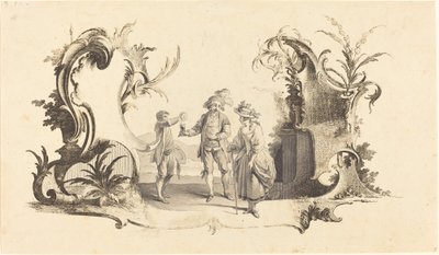 Cartouche Moderne z młodą parą podawaną winem autorstwa Johann Esaias Nilson