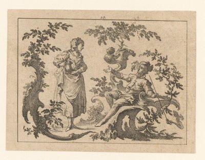 Mężczyzna palący fajkę siedzący, obok niego stojąca kobieta z dzbanem na rokokowej ozdobie Palacze na ornamentie rokoko (tytuł serii) autorstwa Johann Esaias Nilson