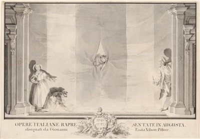 Dwóch aktorów wygląda przez teatralną kurtynę, podczas gdy inni przygotowują reflektory autorstwa Johann Esaias Nilson
