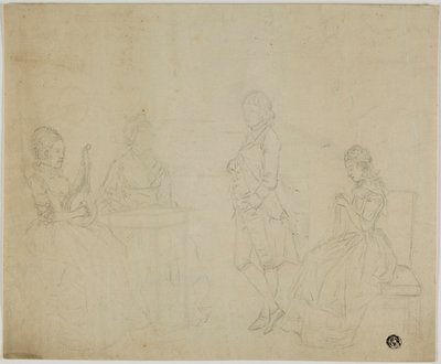 Szkic grupy rodzinnej z trzema siedzącymi kobietami i stojącym młodym mężczyzną autorstwa Johann Friedrich August Tischbein