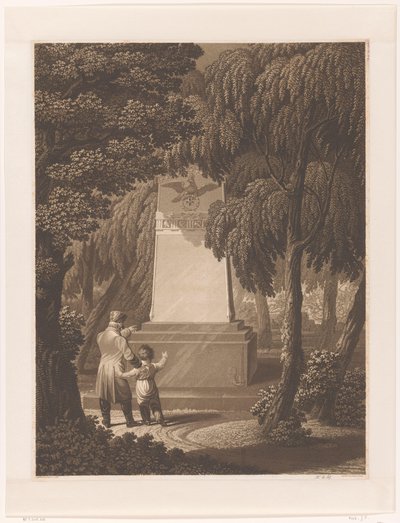 Mężczyzna z dzieckiem przed pomnikiem poległego oficera wojskowego autorstwa Johann Friedrich Frick
