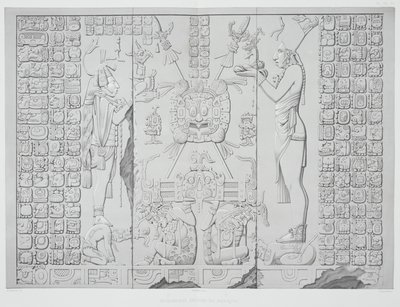 Relief przedstawiający księdza z darami z Sanktuarium Świątyni Słońca w Palenque, tablice 29 i 30 z Ancient Monuments of Mexico, rytowane przez Wernera, 1866 autorstwa Johann Friedrich Maximilian von Waldeck