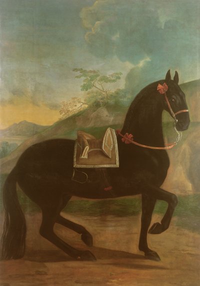 Czarny koń w hiszpańskim siodle autorstwa Johann Georg Hamilton