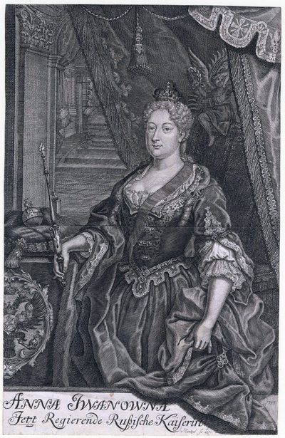 Anna Iwanowna była cesarzową Rosji od 30 stycznia 1730 r. do 29 października 1740 r. - Portret cesarzowej Anny Ioannovny (1693-1740) - Mentzel (Menzel), Johann Georg (1677-1743) - 1733 - miedzioryt - 32,3x20. 6 – Kolekcja prywatna autorstwa Johann Georg Menzel