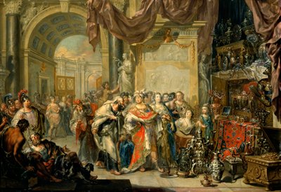""Cresus (596-546 avant JC) montre ses tresors a Solon (640-558 av. JC)"" - Krezus i Solon - Olej na miedzi Johanna Georga Platzera (1704-1761) - Państwowa Galeria Sztuki, Drezno autorstwa Johann Georg Platzer