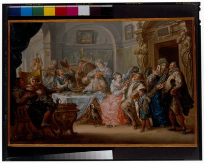 Wnętrze z eleganckimi postaciami w biesiadujących kostiumach maskaradowych autorstwa Johann Georg Platzer