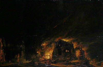 Pożar, ok. 1760 (olej na drewnie) autorstwa Johann Georg Trautmann