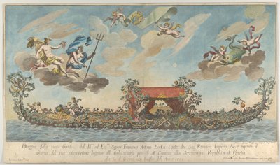Bogato zdobiona trzecia gondola Francesco Antonio Berka wjeżdżająca do Wenecji, Bogowie na kl..., 1700. autorstwa Johann Georg Wolfgang