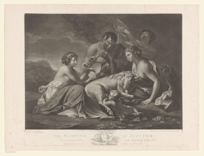 Jupiter gezoogd door de geit Amalthea Opieka Jowisza (tytuł na obiekcie) autorstwa Johann Gerard Huck