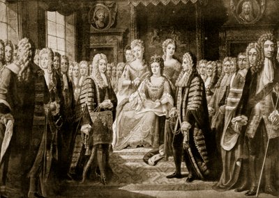 Artykuły Unii wręczane królowej Annie, 1706, ilustracja z „Hutchinson