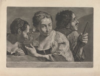 Dwie kobiety słuchające ptaka, z mężczyzną trzymającym pistolet autorstwa Johann Gottfried Haid
