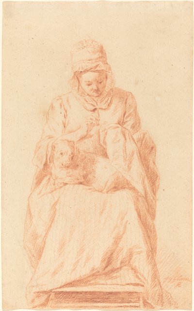 Młoda kobieta szyje z psem na kolanach autorstwa Johann Gottlieb Glume