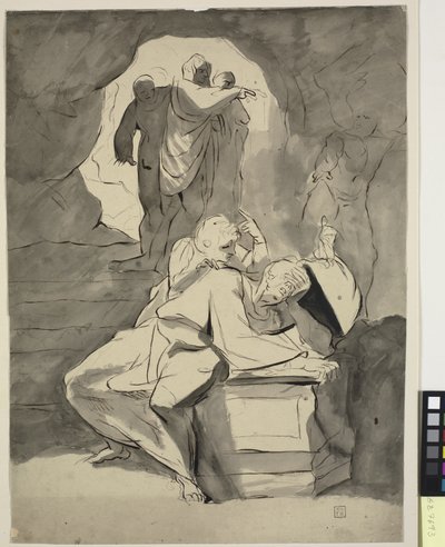 Mężczyzna w rozpaczy nad nagrobkiem w jaskini z innymi postaciami autorstwa Johann Heinrich Füssli