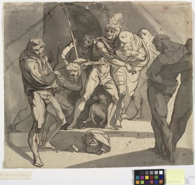 Richard Plantagenet rzuca odciętą głowę księcia Somerset u stóp ojca. Ilustracja do Henryka VI Szekspira, część 3, akt 1, wiersz 20 autorstwa Johann Heinrich Füssli