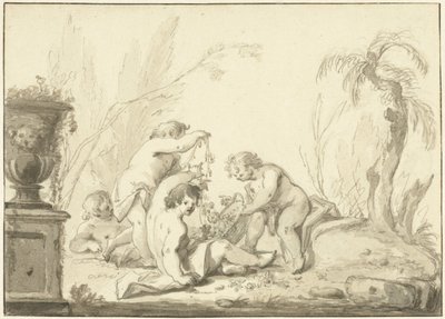 Alegoryczne przedstawienie z dziećmi z koszem kwiatów autorstwa Johann Heinrich Keller (II)