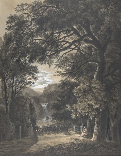 Rodzina zgromadzona przed pomnikiem w krajobrazie z wodospadem, 1805 r. autorstwa Johann Heinrich Meyer