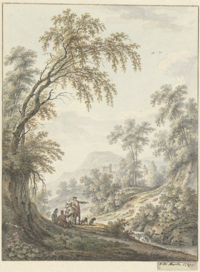Krajobraz z wodospadem i zamkiem w oddali autorstwa Johann Heinrich Muntz
