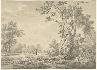 Południowy krajobraz z zamkiem, bydłem i spacerowiczami autorstwa Johann Heinrich Muntz