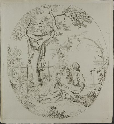 Brodaty mężczyzna szpiegujący kochanków pod altaną autorstwa Johann Heinrich Ramberg