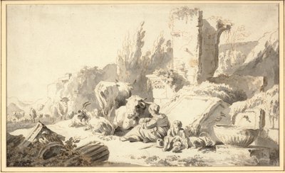 Poganiacz z rodziną i bydłem obok klasycznych ruin autorstwa Johann Heinrich Roos