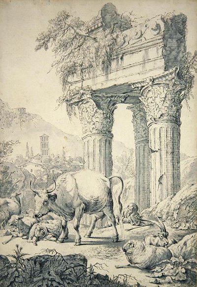 Krowa w krajobrazie Kampanii (grafit i długopis na papierze) autorstwa Johann Heinrich Roos
