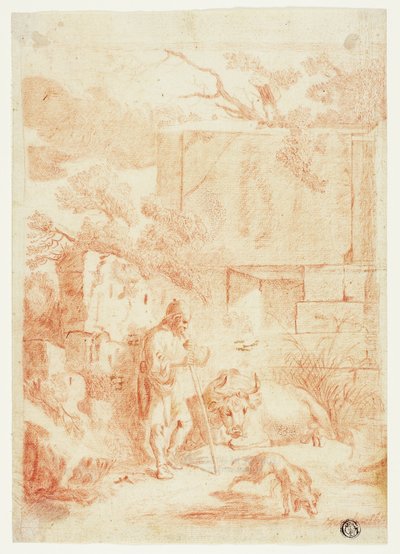 Pasterz z bykiem i psem w ruinach autorstwa Johann Heinrich Roos