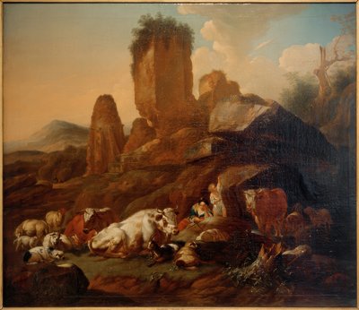 Odpoczywająca pasterka i bydło autorstwa Johann Heinrich Roos